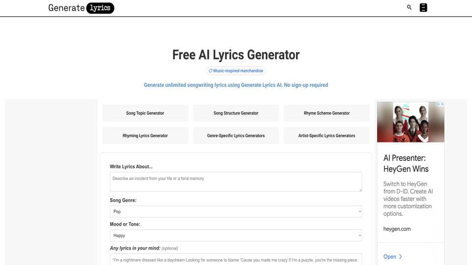 Free GenerateLyrics AI Tool image