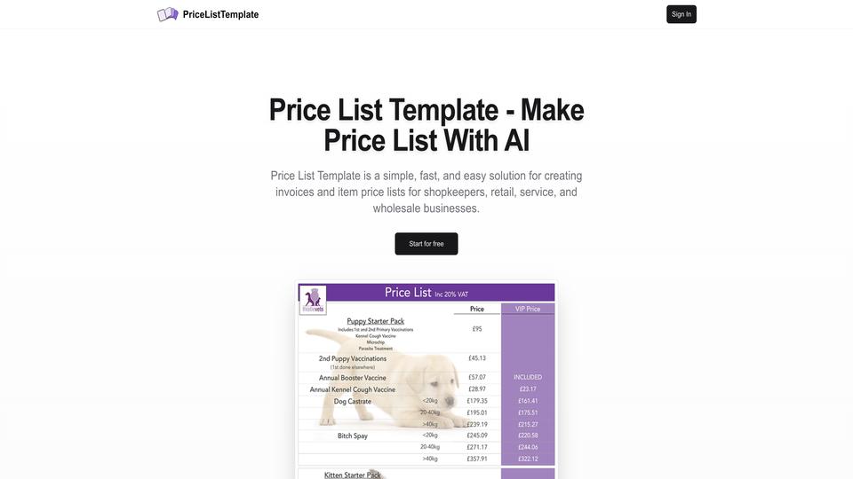 Free Price List Template AI Tool image